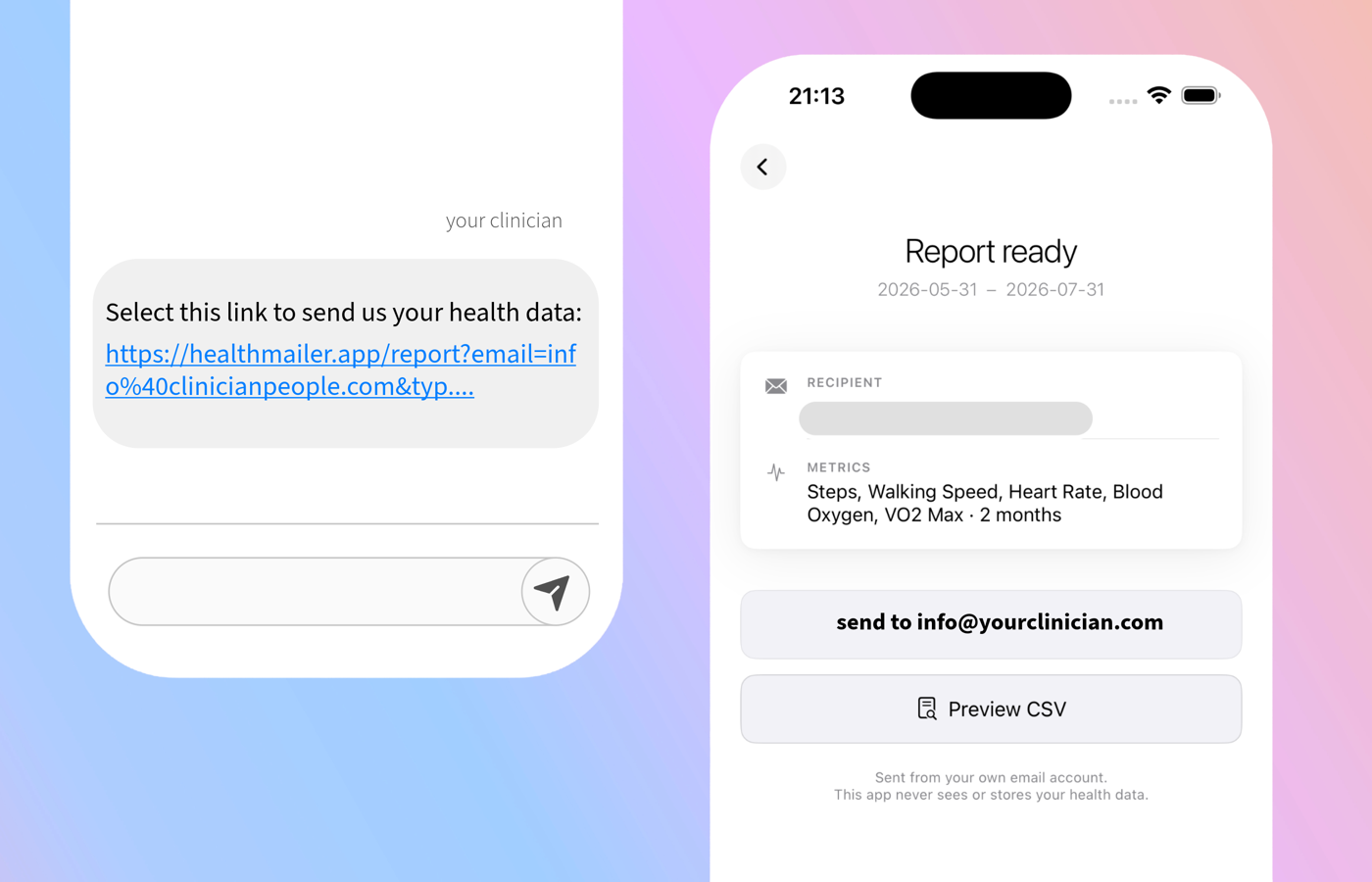 A secure link sent to a patient, and the resulting health report ready to email back to the clinician